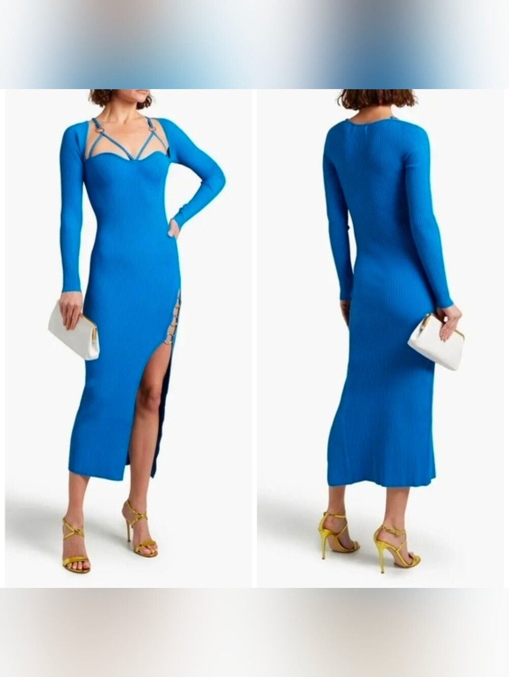 NICHOLAS Janet Embellished Ribbed Knit Midi Dress Blue